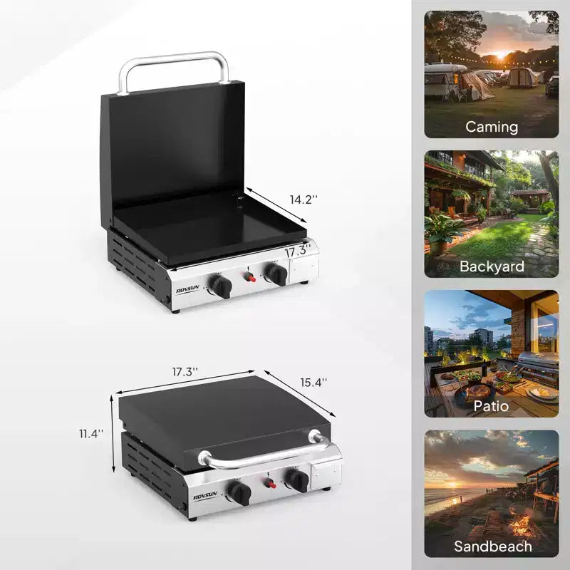 Plancha à gaz propane ROVSUN 2 brûleurs avec allumage, couvercle et régulateur, barbecue portable 20000 BTU pour jardin, terrasse, camping, cuisson en extérieur