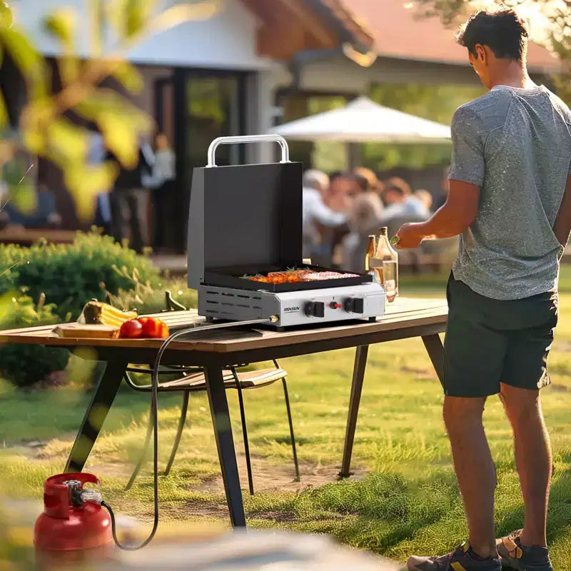 Plancha à gaz propane ROVSUN 2 brûleurs avec allumage, couvercle et régulateur, barbecue portable 20000 BTU pour jardin, terrasse, camping, cuisson en extérieur