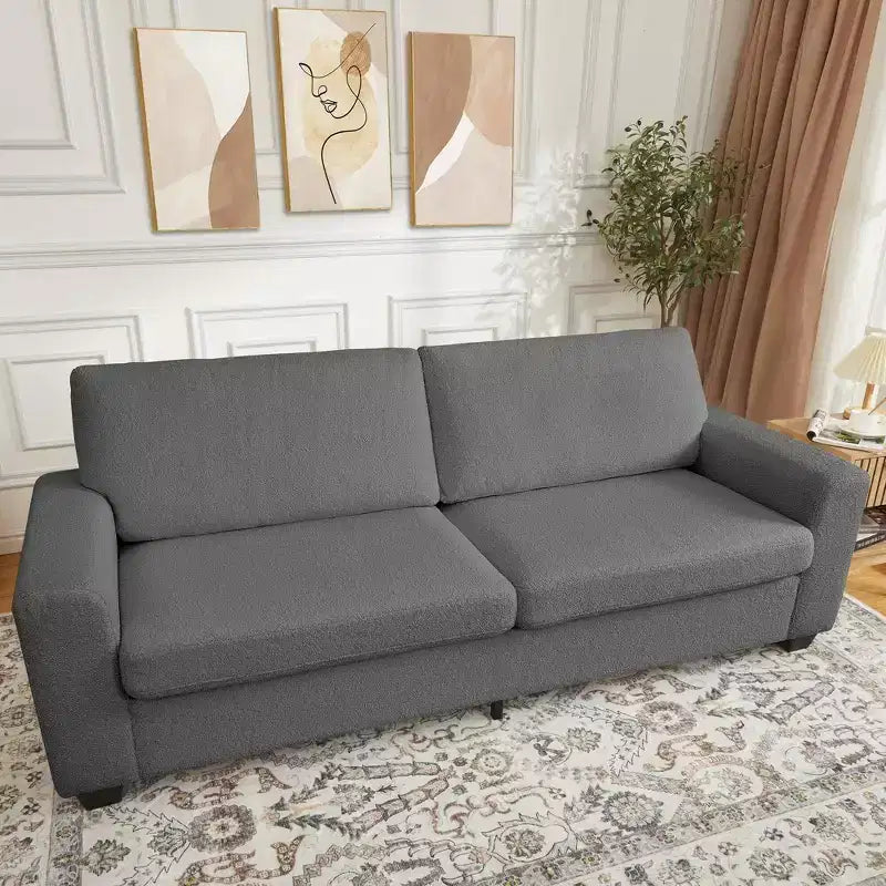 Canapé 3 places ergonomique fait main en velours Teddy avec support de 385 kg, coussin amovible et larges accoudoirs pour salon, chambre et appartement