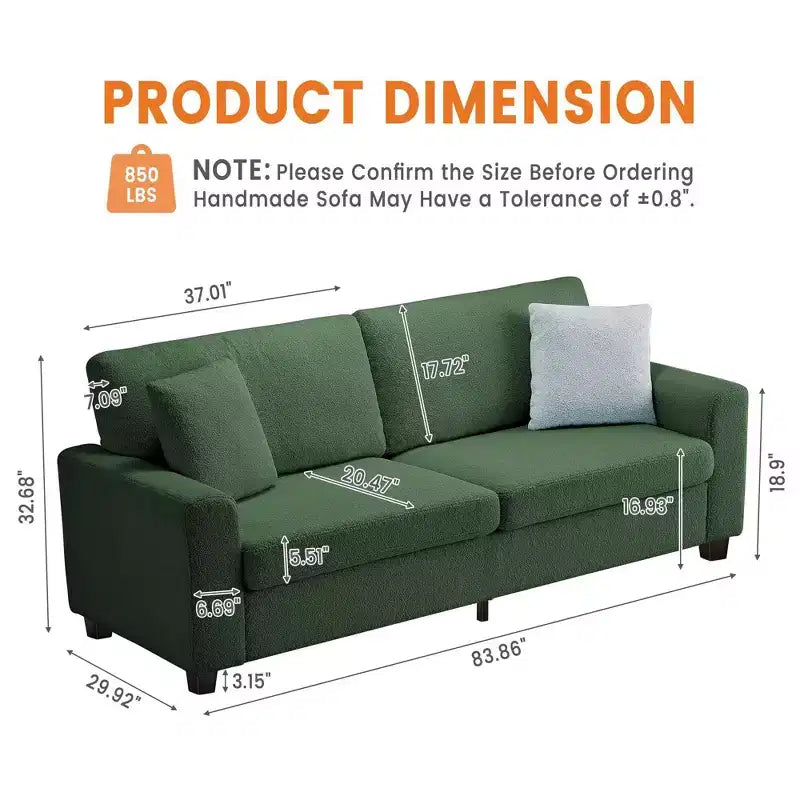 Canapé 3 places ergonomique fait main en velours Teddy avec support de 385 kg, coussin amovible et larges accoudoirs pour salon, chambre et appartement