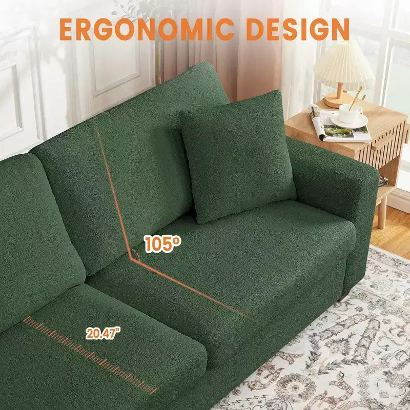 Canapé 3 places ergonomique fait main en velours Teddy avec support de 385 kg, coussin amovible et larges accoudoirs pour salon, chambre et appartement