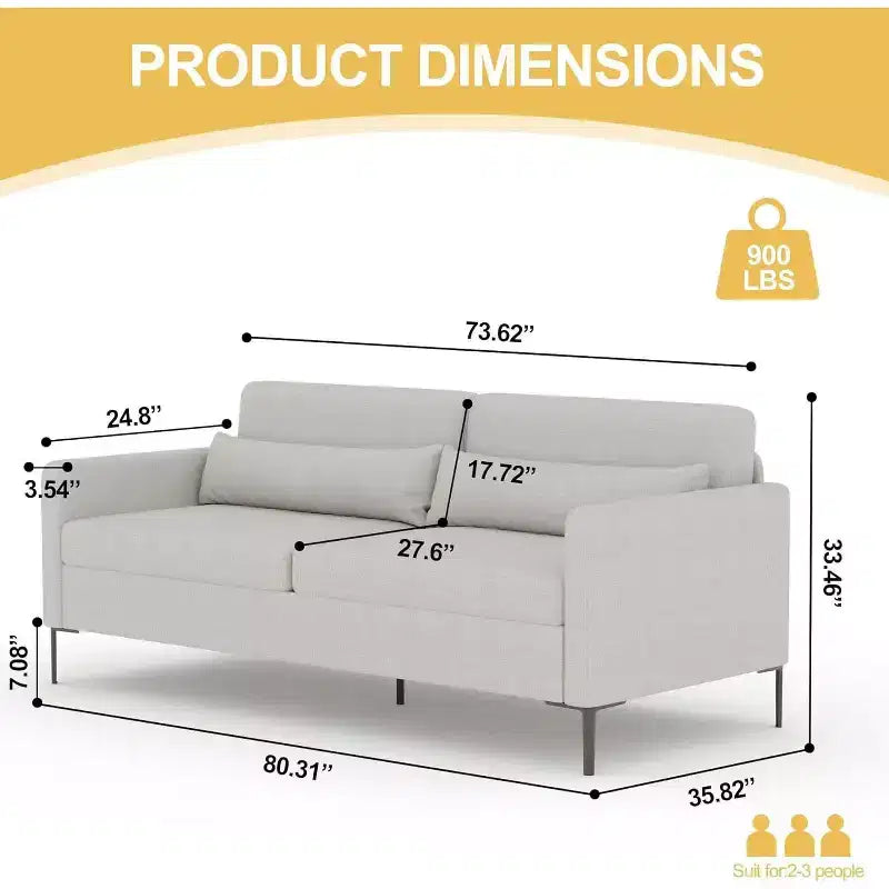 80 in Comfy Couch, 3 Seater Sofa with Metal Legs, Deep Seat Sofa with Grey Linen Fabric Modern Sofa Couch for Living Room, Apparment, Office