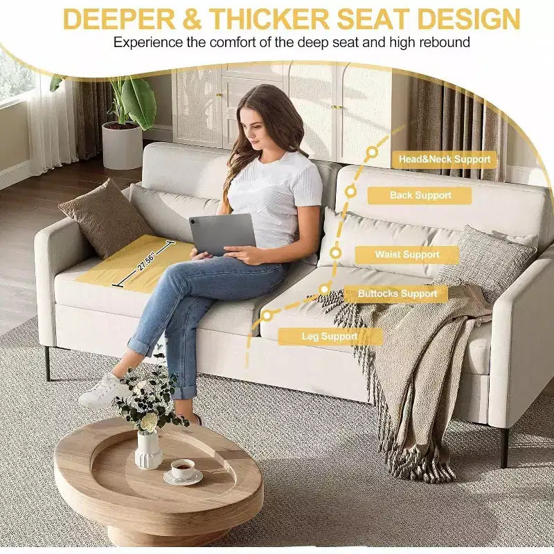 80 in Comfy Couch, 3 Seater Sofa with Metal Legs, Deep Seat Sofa with Grey Linen Fabric Modern Sofa Couch for Living Room, Apparment, Office