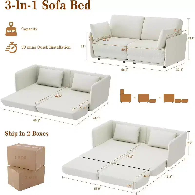 Canapé convertible Acekool, canapé-lit escamotable Queen Size de 66 pouces avec coussin épais pour salon, chambre à coucher, appartement, beige