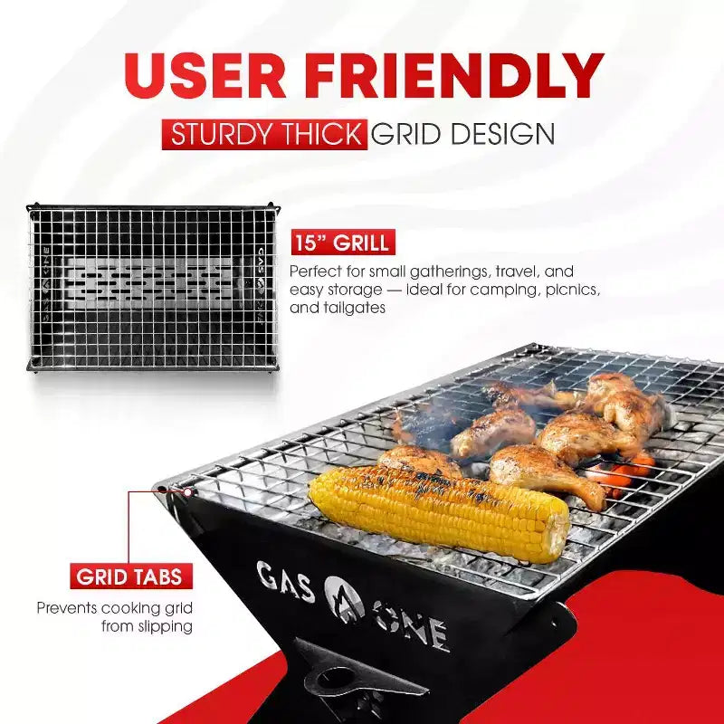 Gril à charbon portable GasOne de 15 pouces - Barbecue pliable - Grils de camping pour jardin, feu de joie, patio - Foyer portable robuste