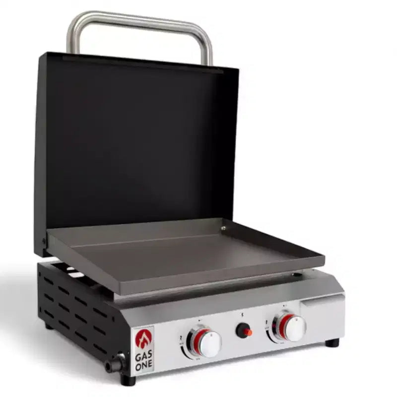 GasOne 2 Burner Flat Top Gas Grill with Lid  Auto Ignition Propane  Premium Stainless Steel Body with Pre Season Griddle, Oil Drip Tray
