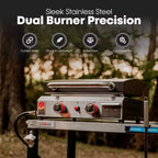 GasOne 2 Burner Flat Top Gas Grill with Lid  Auto Ignition Propane  Premium Stainless Steel Body with Pre Season Griddle, Oil Drip Tray