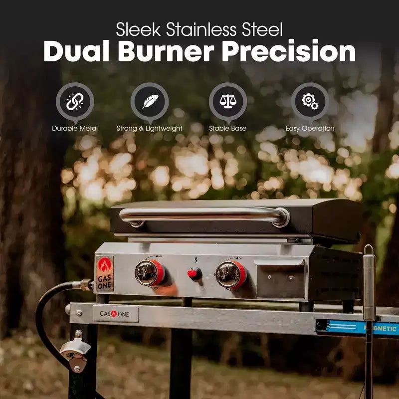 GasOne 2 Burner Flat Top Gas Grill with Lid  Auto Ignition Propane  Premium Stainless Steel Body with Pre Season Griddle, Oil Drip Tray