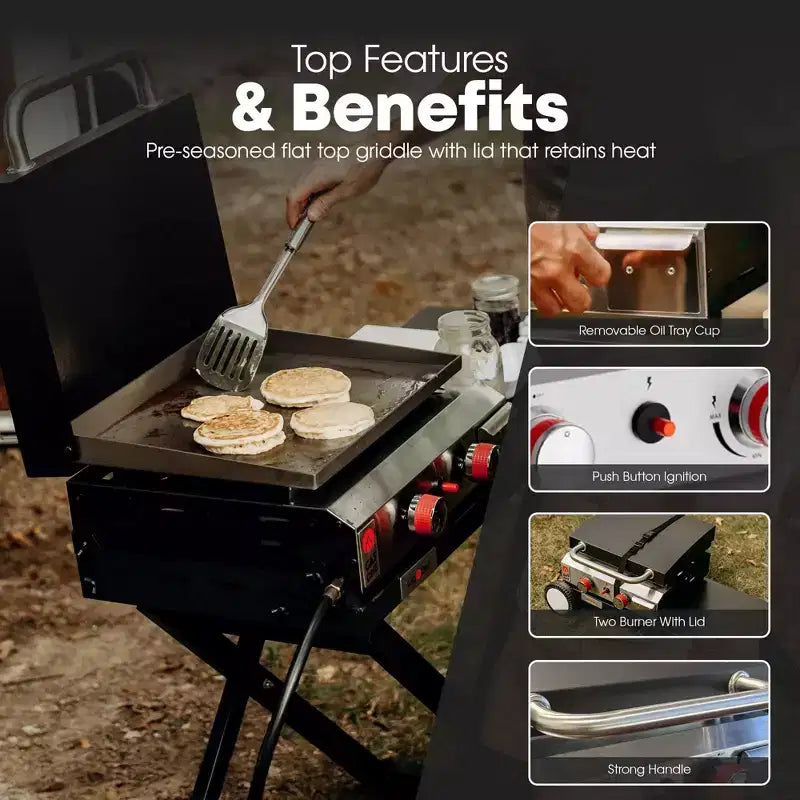 GasOne 2 Burner Flat Top Gas Grill with Lid  Auto Ignition Propane  Premium Stainless Steel Body with Pre Season Griddle, Oil Drip Tray