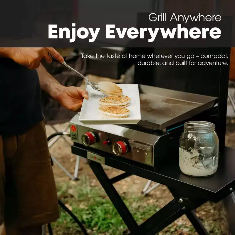 GasOne 2 Burner Flat Top Gas Grill with Lid  Auto Ignition Propane  Premium Stainless Steel Body with Pre Season Griddle, Oil Drip Tray