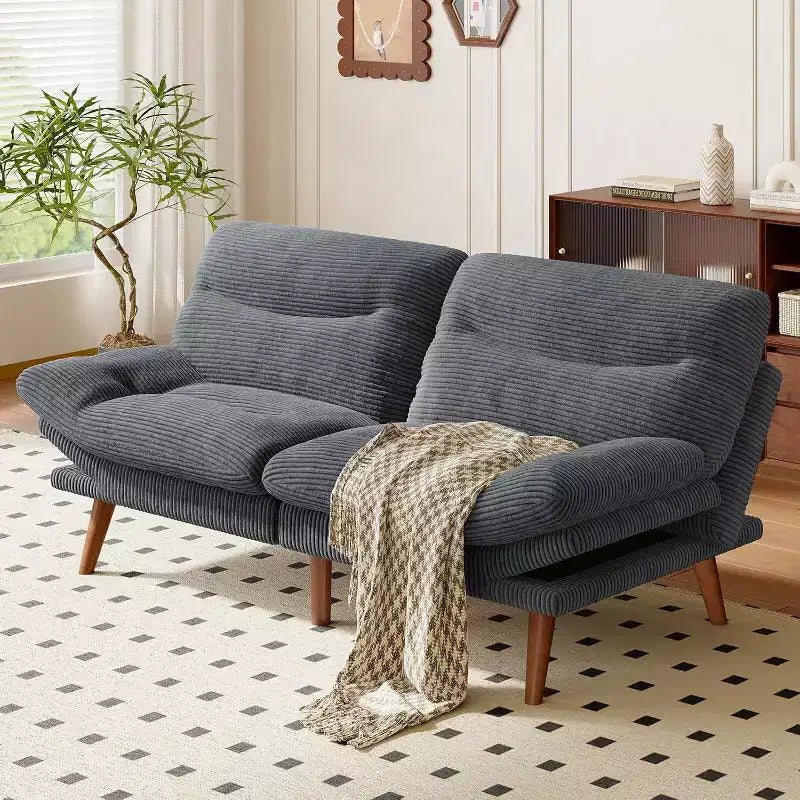 Futon Sofa Bed, Vintage Couch with 5-position Adjustable Backrest & Armrests, Futon Corduroy Couch for Efficient Home, Living Room or Office, Grey