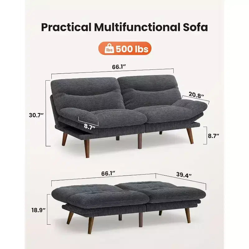 Futon Sofa Bed, Vintage Couch with 5-position Adjustable Backrest & Armrests, Futon Corduroy Couch for Efficient Home, Living Room or Office, Grey