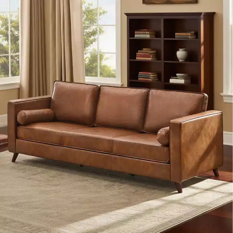 Canapé 3 places en similicuir de 205 cm, canapé profond moderne du milieu du siècle, coussin rembourré et housse amovible, canapé en PU marron pour salon, bureau