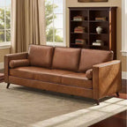Canapé 3 places en similicuir de 205 cm, canapé profond moderne du milieu du siècle, coussin rembourré et housse amovible, canapé en PU marron pour salon, bureau