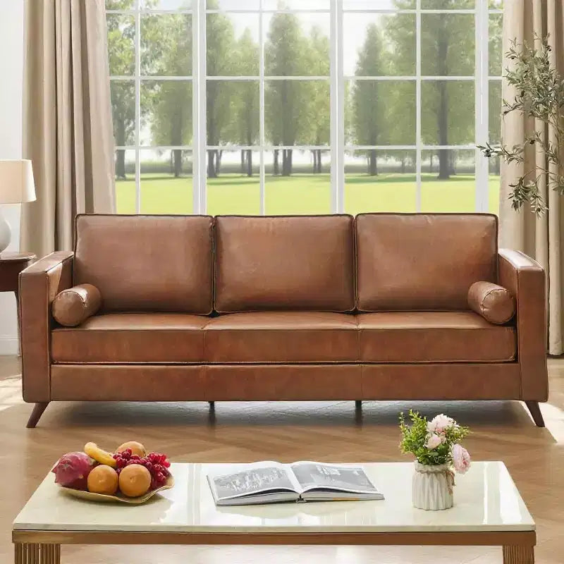 Canapé 3 places en similicuir de 205 cm, canapé profond moderne du milieu du siècle, coussin rembourré et housse amovible, canapé en PU marron pour salon, bureau