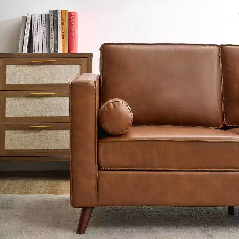 Canapé 3 places en similicuir de 205 cm, canapé profond moderne du milieu du siècle, coussin rembourré et housse amovible, canapé en PU marron pour salon, bureau