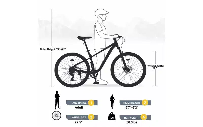 Vélo tout-terrain 27,5 pouces, 8 vitesses, pour hommes, femmes, garçons et filles, suspension avant, cadre en acier