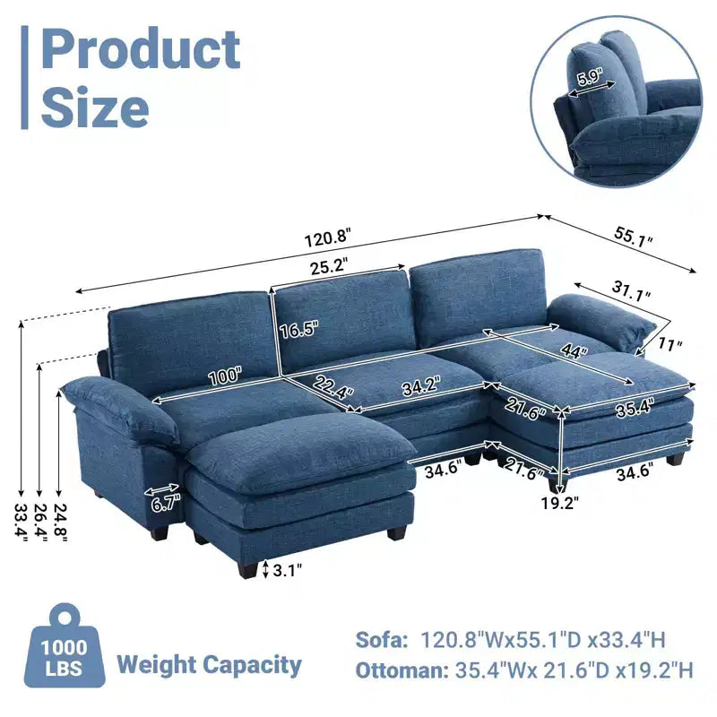Karl Home |120 in. W Pillow Top Arm Double-layer Cushion Corduroy Sofa in White With Ottoman