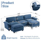 Karl Home |120 in. W Pillow Top Arm Double-layer Cushion Corduroy Sofa in White With Ottoman