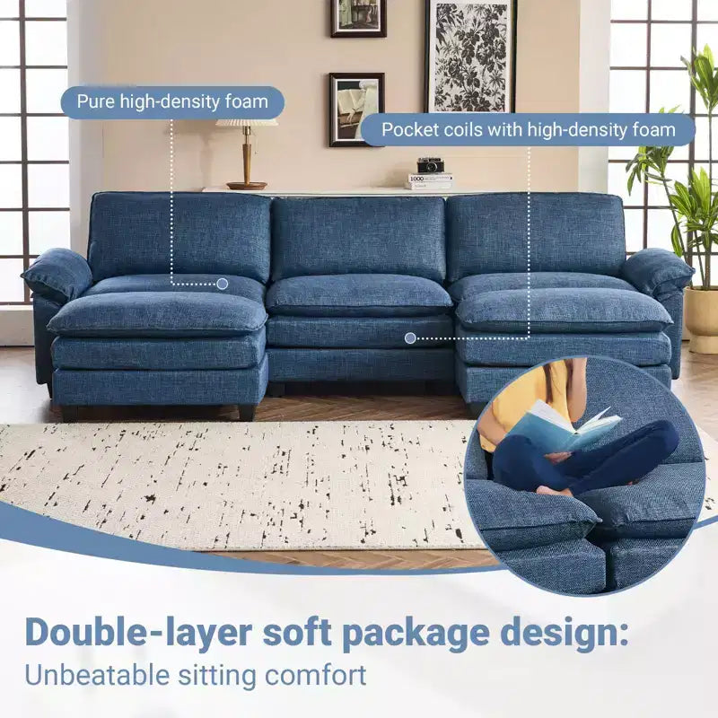 Karl Home |120 in. W Pillow Top Arm Double-layer Cushion Corduroy Sofa in White With Ottoman