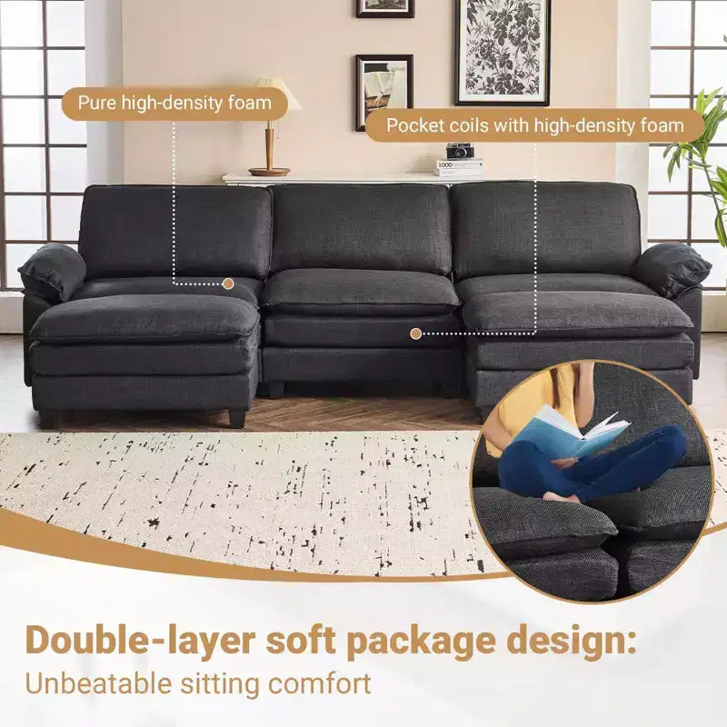 Karl Home |120 in. W Pillow Top Arm Double-layer Cushion Corduroy Sofa in White With Ottoman