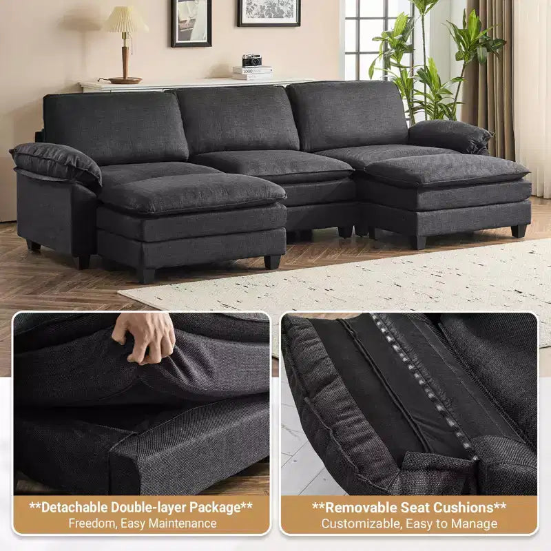Karl Home |120 in. W Pillow Top Arm Double-layer Cushion Corduroy Sofa in White With Ottoman