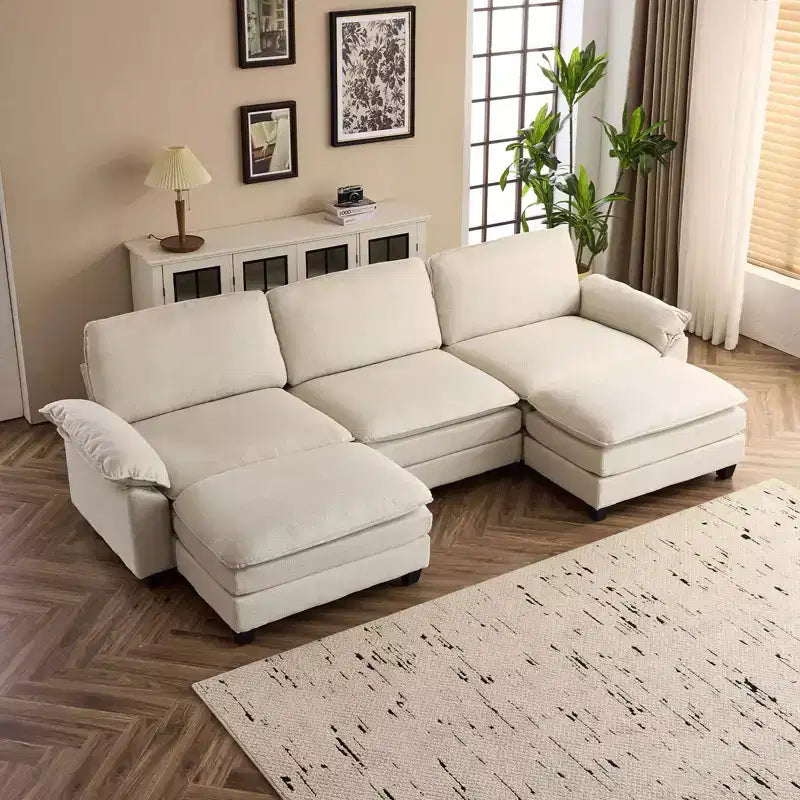 Karl Home |120 in. W Pillow Top Arm Double-layer Cushion Corduroy Sofa in White With Ottoman