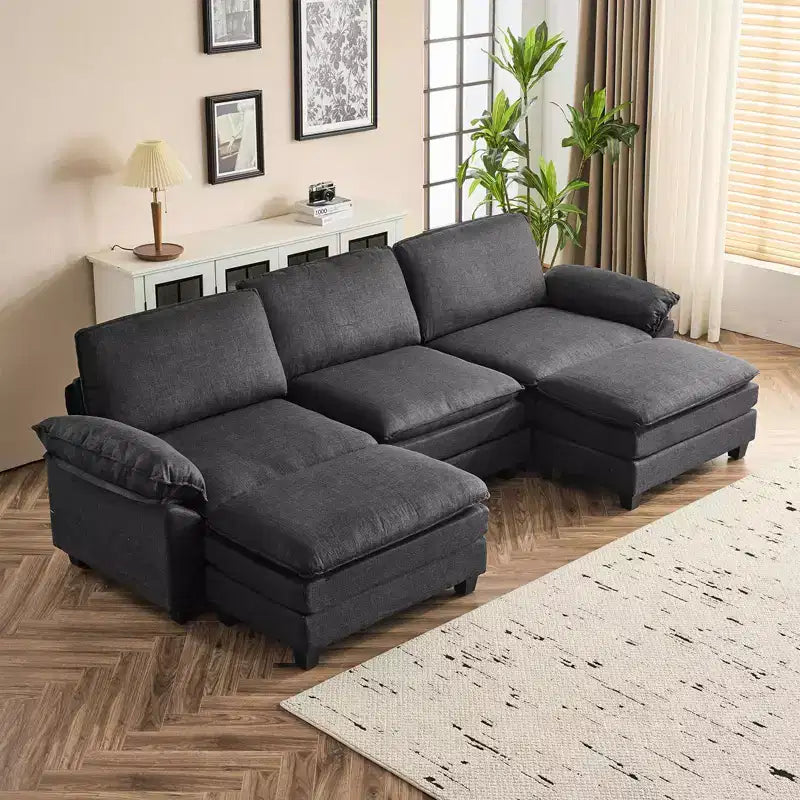 Karl Home |120 in. W Pillow Top Arm Double-layer Cushion Corduroy Sofa in White With Ottoman