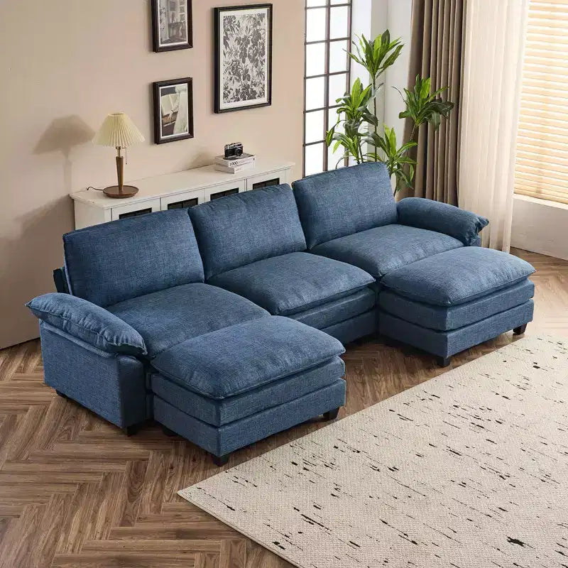 Karl Home |120 in. W Pillow Top Arm Double-layer Cushion Corduroy Sofa in White With Ottoman