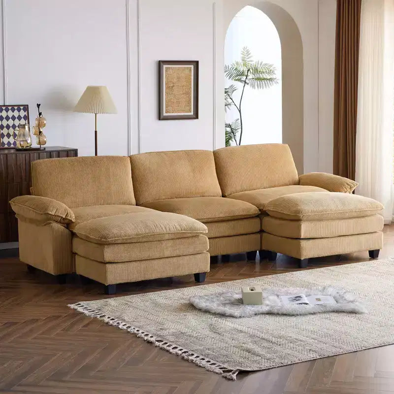 Karl Home |120 in. W Pillow Top Arm Double-layer Cushion Corduroy Sofa in White With Ottoman