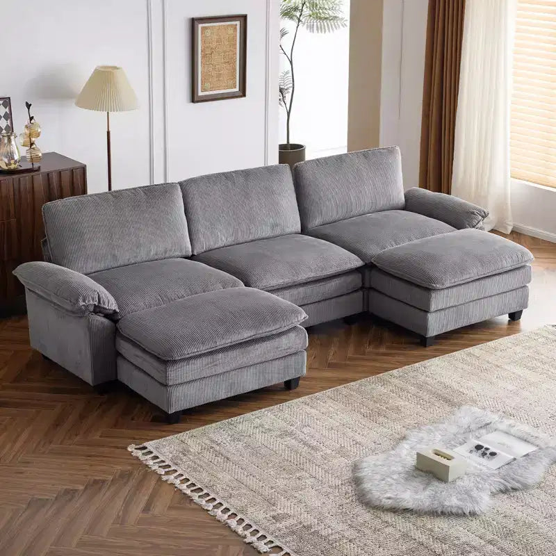 Karl Home |120 in. W Pillow Top Arm Double-layer Cushion Corduroy Sofa in White With Ottoman