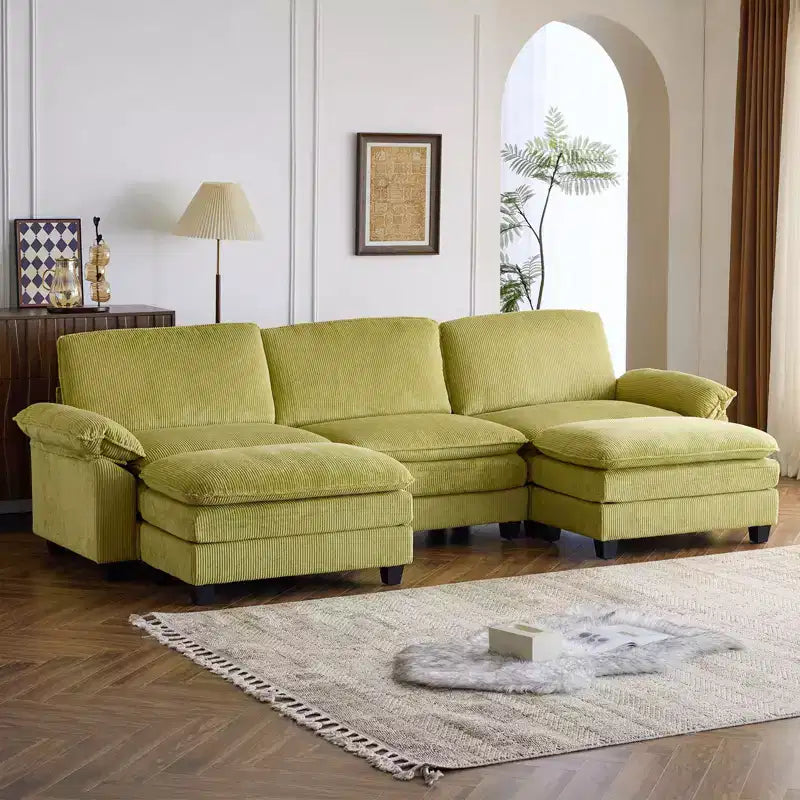 Karl Home |120 in. W Pillow Top Arm Double-layer Cushion Corduroy Sofa in White With Ottoman