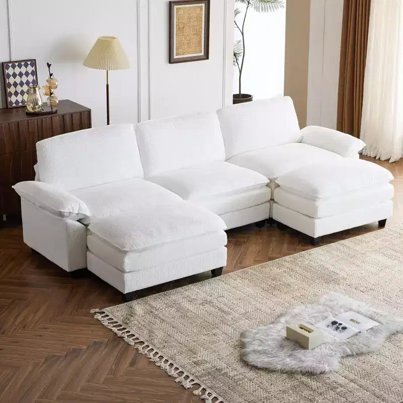 Karl Home |120 in. W Pillow Top Arm Double-layer Cushion Corduroy Sofa in White With Ottoman