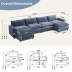 Karl Home | Canapé en chenille bleu avec ottomane, accoudoirs rembourrés et coussin double épaisseur de 393,7 cm de large