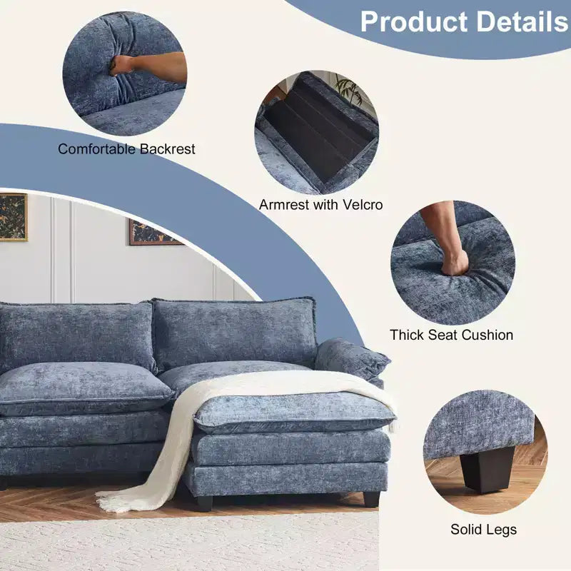 Karl Home | Canapé en chenille bleu avec ottomane, accoudoirs rembourrés et coussin double épaisseur de 393,7 cm de large