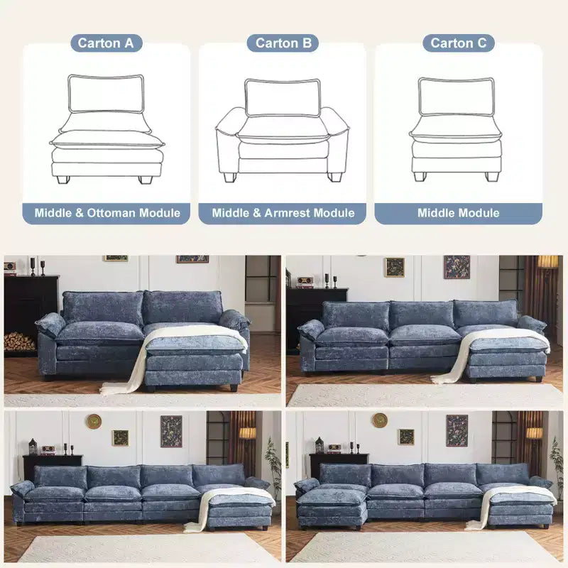 Karl Home | Canapé en chenille bleu avec ottomane, accoudoirs rembourrés et coussin double épaisseur de 393,7 cm de large