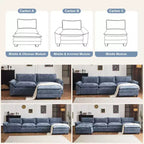 Karl Home | Canapé en chenille bleu avec ottomane, accoudoirs rembourrés et coussin double épaisseur de 393,7 cm de large
