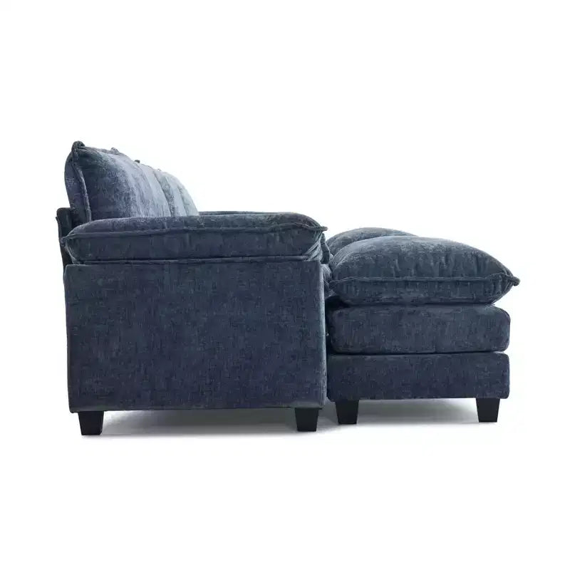 Karl Home | Canapé en chenille bleu avec ottomane, accoudoirs rembourrés et coussin double épaisseur de 393,7 cm de large