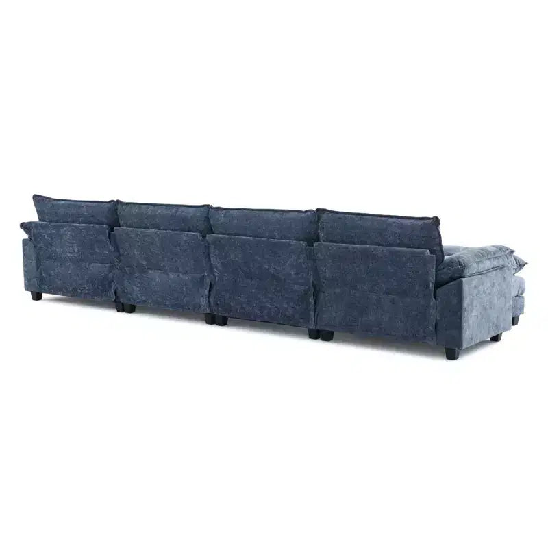 Karl Home | Canapé en chenille bleu avec ottomane, accoudoirs rembourrés et coussin double épaisseur de 393,7 cm de large