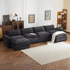 Karl Home | Canapé en chenille bleu avec ottomane, accoudoirs rembourrés et coussin double épaisseur de 393,7 cm de large