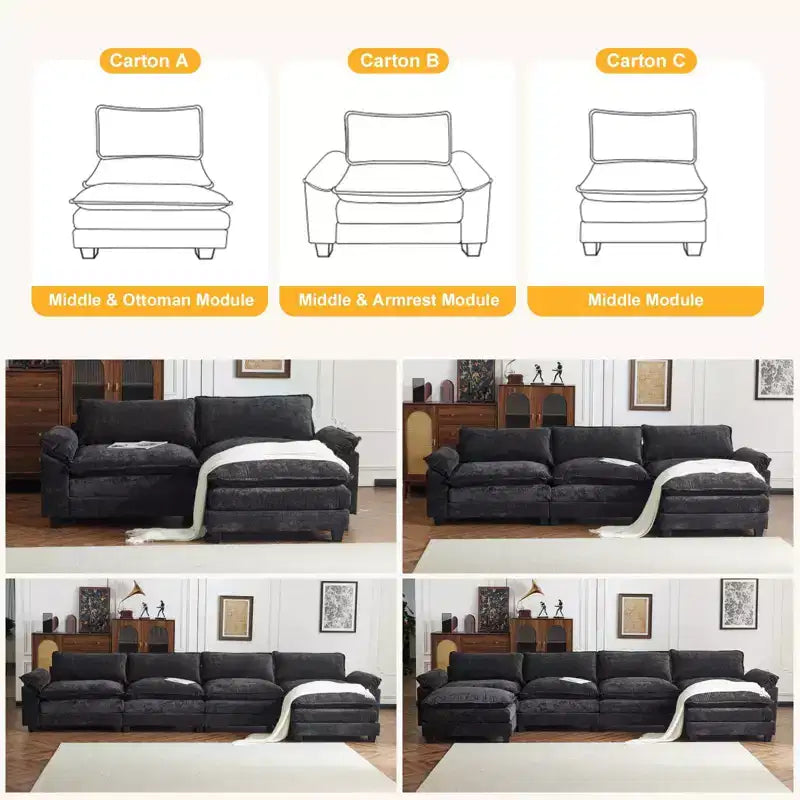 Karl Home | Canapé en chenille bleu avec ottomane, accoudoirs rembourrés et coussin double épaisseur de 393,7 cm de large
