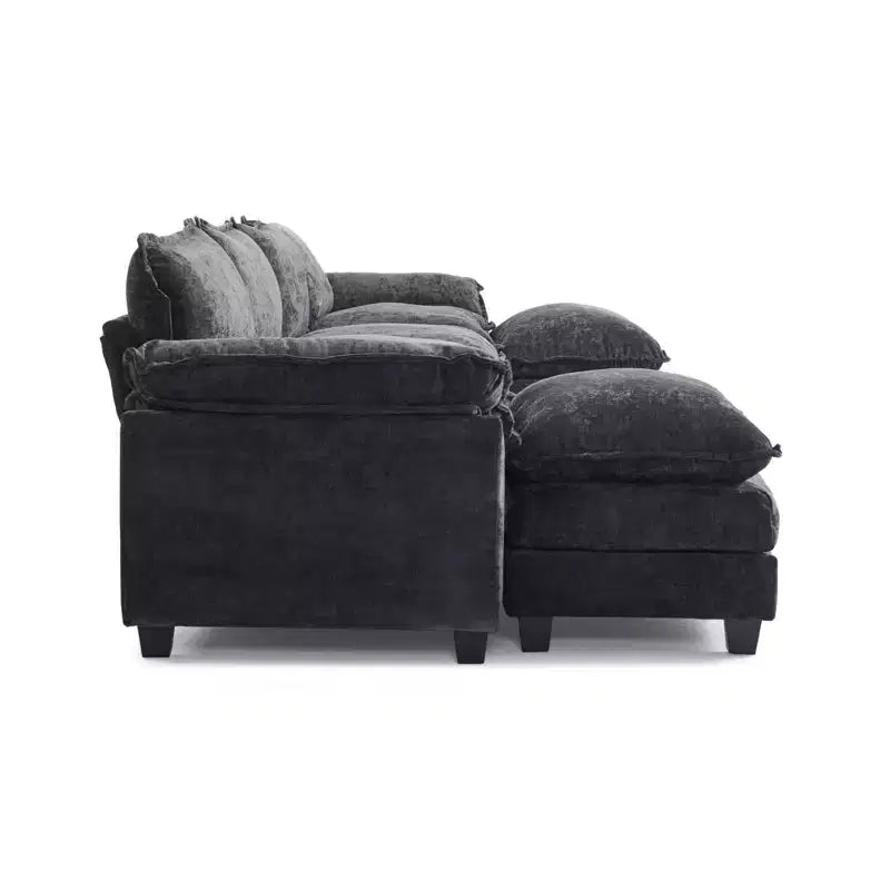 Karl Home | Canapé en chenille bleu avec ottomane, accoudoirs rembourrés et coussin double épaisseur de 393,7 cm de large