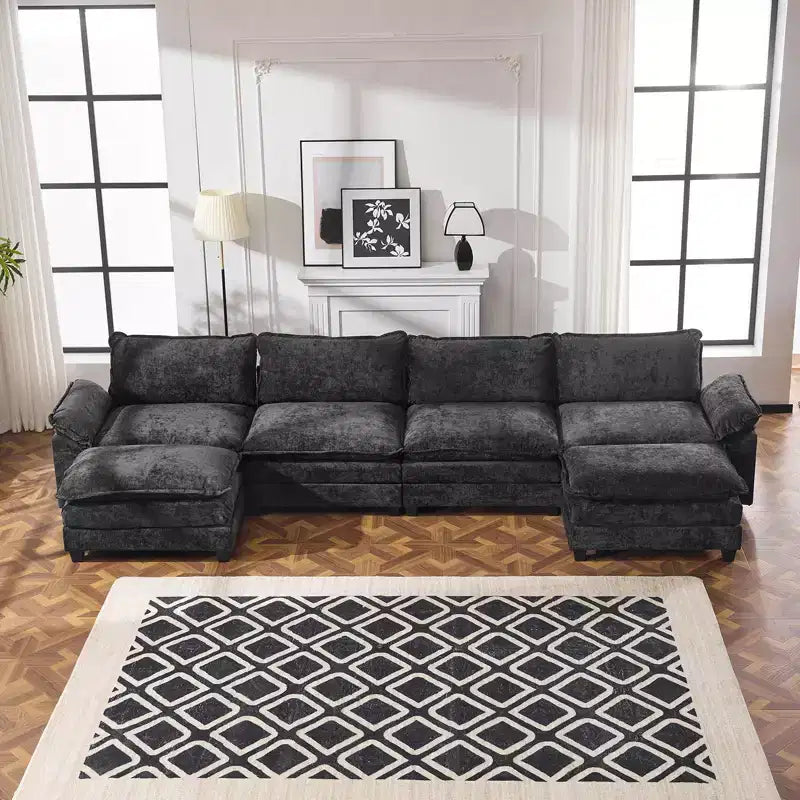 Karl Home |155 in. W Pillow Top Arm Double-layer Cushion Chenille Sofa in Blue With Ottoman