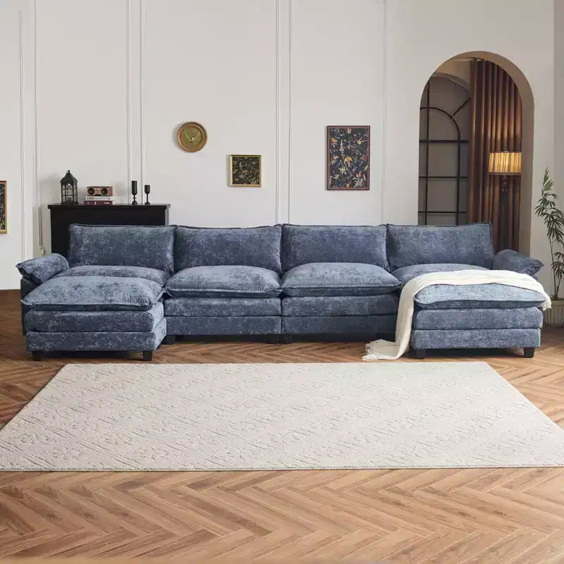 Karl Home |155 in. W Pillow Top Arm Double-layer Cushion Chenille Sofa in Blue With Ottoman
