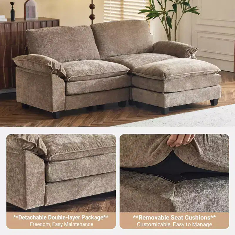 Canapé en chenille bleu Karl Home | 85,4 po L avec accoudoirs, coussin double-couche surpiqué et pouf