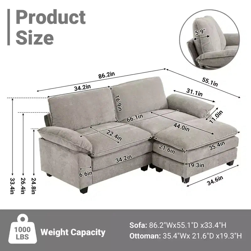 Canapé en chenille bleu Karl Home | 85,4 po L avec accoudoirs, coussin double-couche surpiqué et pouf