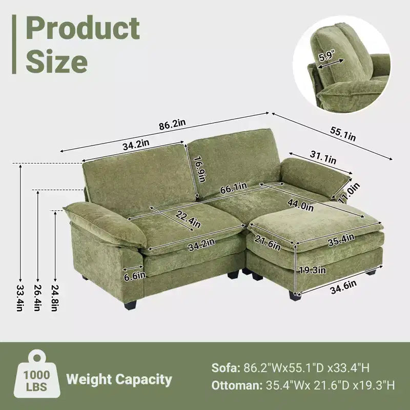 Canapé en chenille bleu Karl Home | 85,4 po L avec accoudoirs, coussin double-couche surpiqué et pouf
