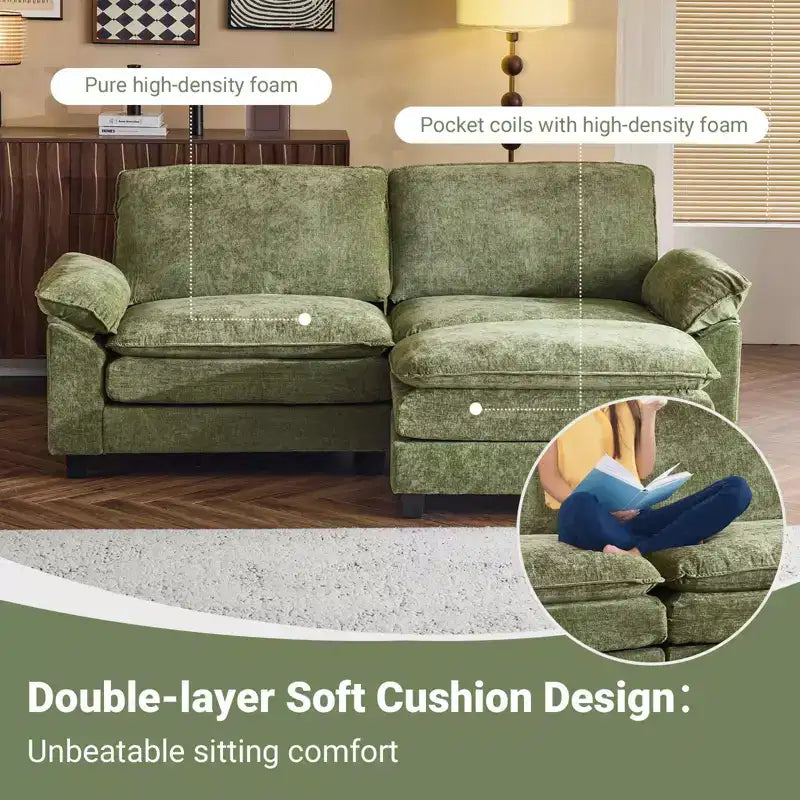 Canapé en chenille bleu Karl Home | 85,4 po L avec accoudoirs, coussin double-couche surpiqué et pouf