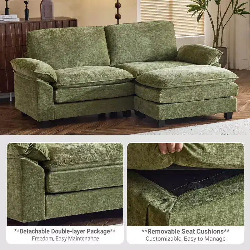 Canapé en chenille bleu Karl Home | 85,4 po L avec accoudoirs, coussin double-couche surpiqué et pouf