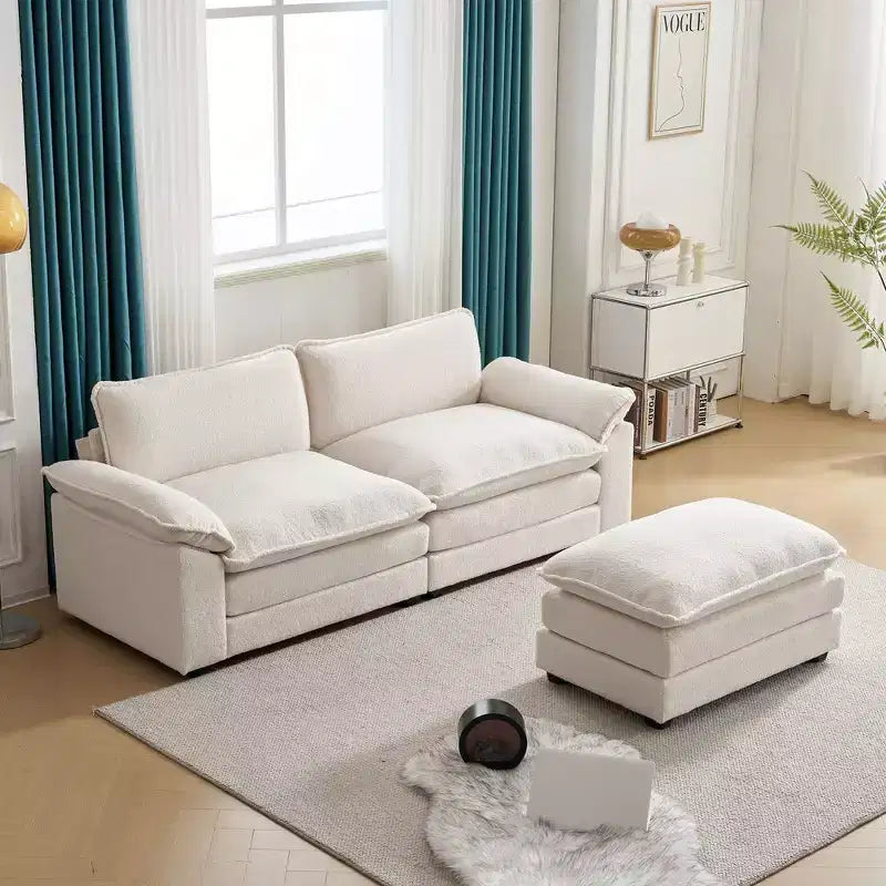 Canapé en chenille bleu Karl Home | 85,4 po L avec accoudoirs, coussin double-couche surpiqué et pouf